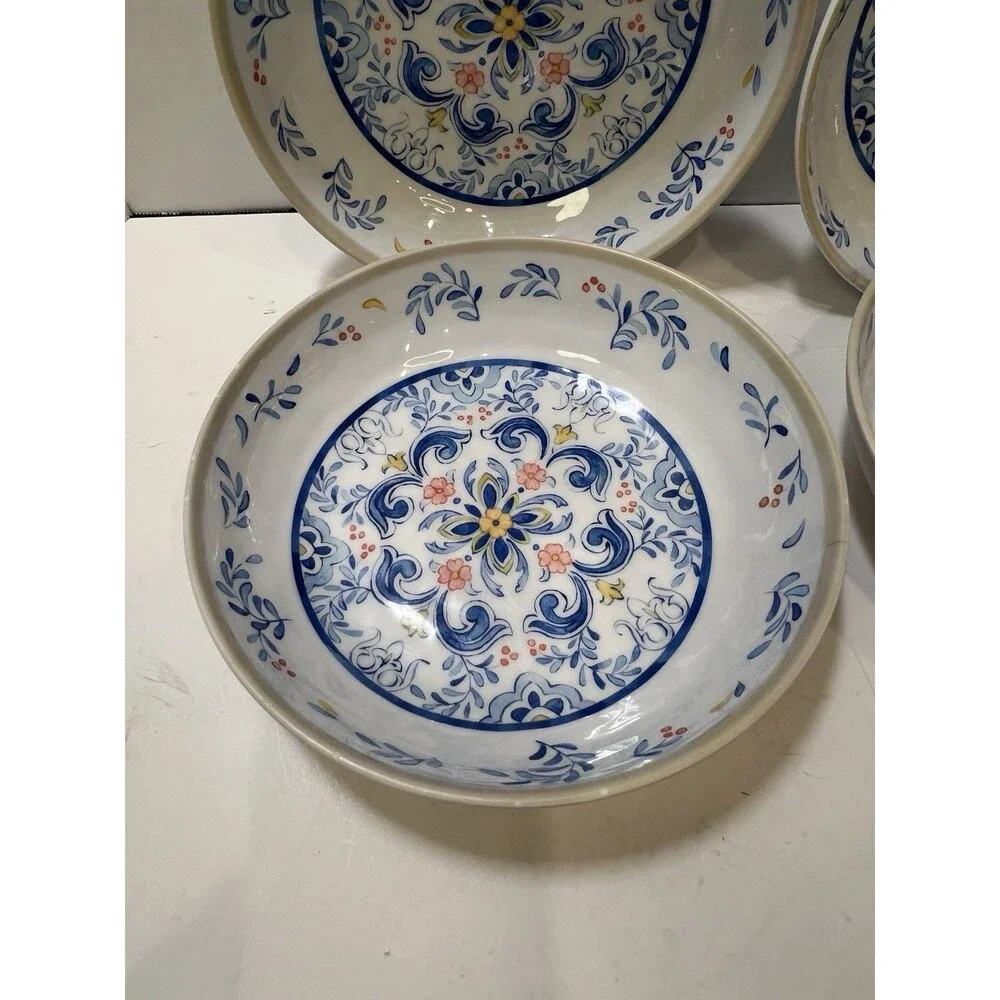 Melamine Pasta Bowls Mediterranean Print Blue Yellow On White Tan Rim Set of 4